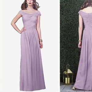 Dessy collection off the shoulder dress in light purple, size 14. New with tags!